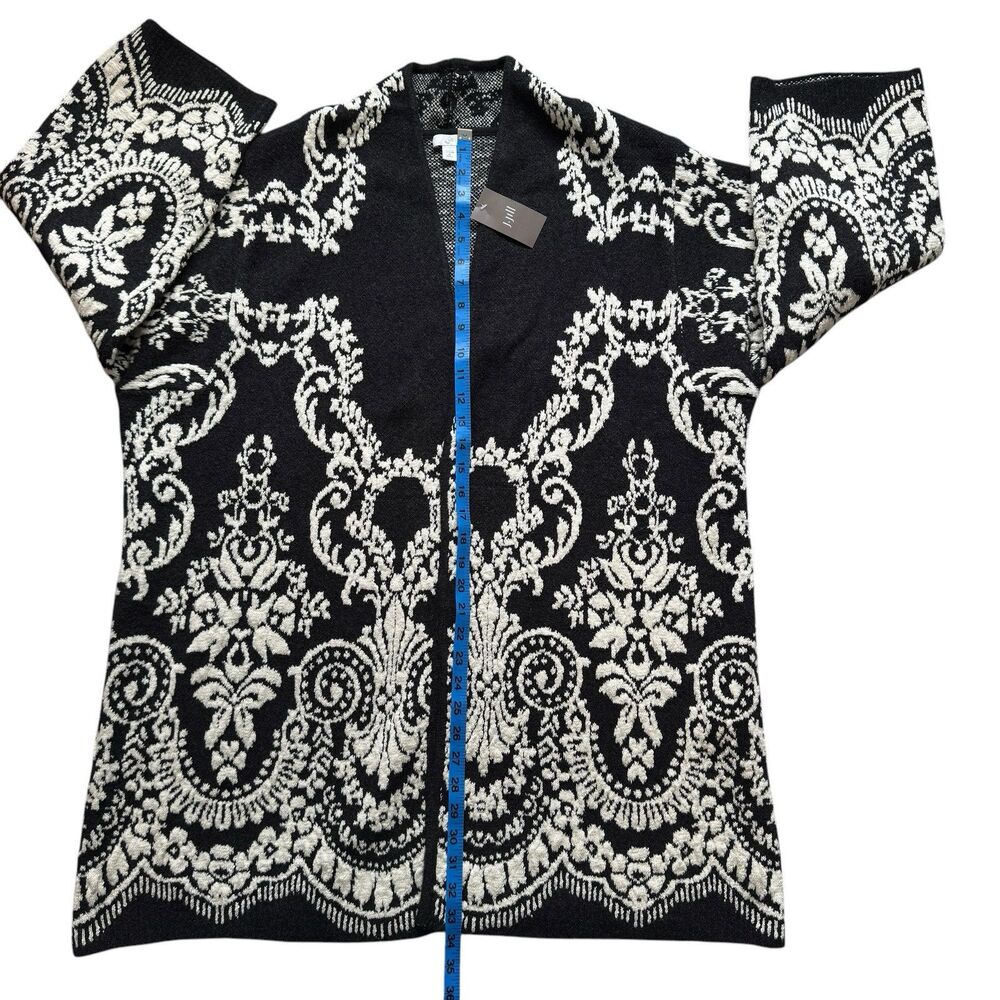 J Jill Cardigan Sweater Size XL Petite Long Jacquard Open Front Black - Picture 6 of 13